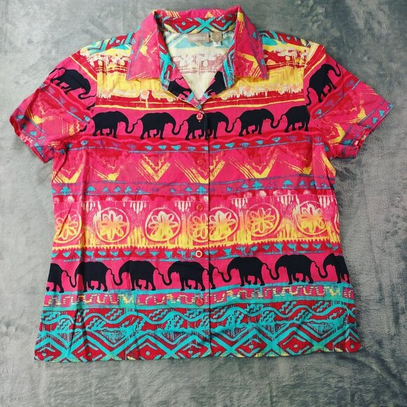 Chico's Colorful Elephant Pattern Button Down Shirt - Picture 1 of 9